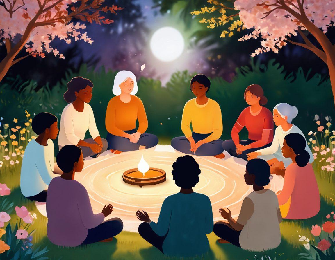 A heartfelt scene depicting a diverse group of people gathered in a cozy support group circle, sharing stories and providing support. Include symbolic elements like a glowing lantern representing hope, educational materials spread out, and comforting gestures like hand-holding. The background portrays a serene garden with blooming flowers, symbolizing growth and healing. soft-focus. warm colors. illustration.