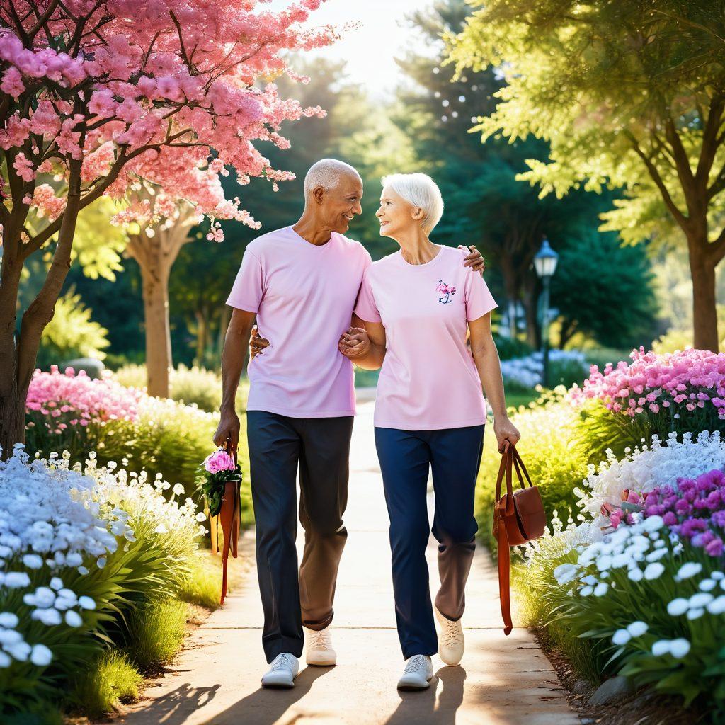 An emotional scene depicting a compassionate caregiver guiding a cancer patient through a serene path lined with blooming flowers, symbolizing hope and support. Include supportive symbols like hearts and ribbons in the background, and the sun shining brightly to create an uplifting atmosphere. The image should evoke warmth and resilience, capturing the essence of advocacy and support in the cancer journey. vibrant colors. super-realistic. 3D.