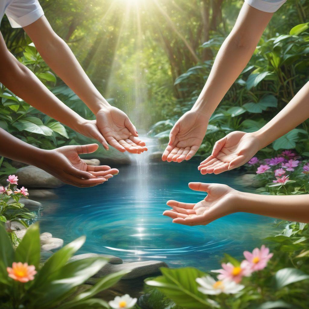 A serene and tranquil setting featuring a diverse group of patients engaging in holistic therapies, such as yoga, meditation, and art therapy, surrounded by lush greenery and soft sunlight. Highlight symbols of support like hands holding hearts and gentle reminders of well-being. Include elements of nature, such as blooming flowers and calming water features, to enhance the sense of healing and community. painting. vibrant colors. gentle colors.